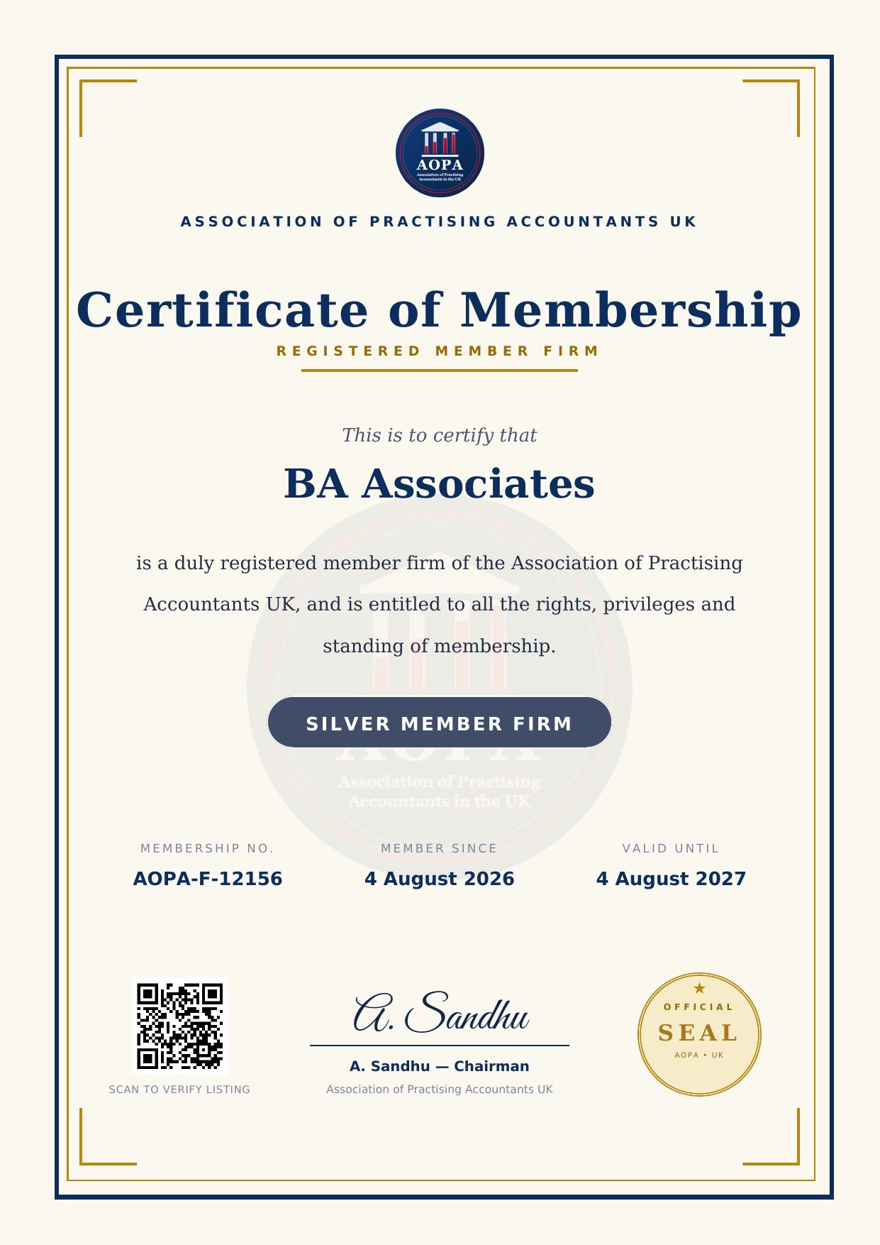 BA Associates AOPA Certificate of Membership - Silver Member Firm, membership AOPA-F-12156